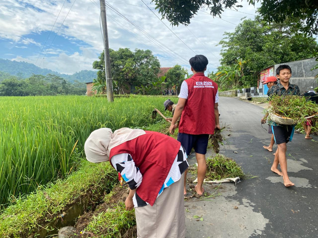Mahasiswa KKN bersama warga membersihkan rumput dan selokan disekitar persawahan Dukuh Tegong, Desa Taraban