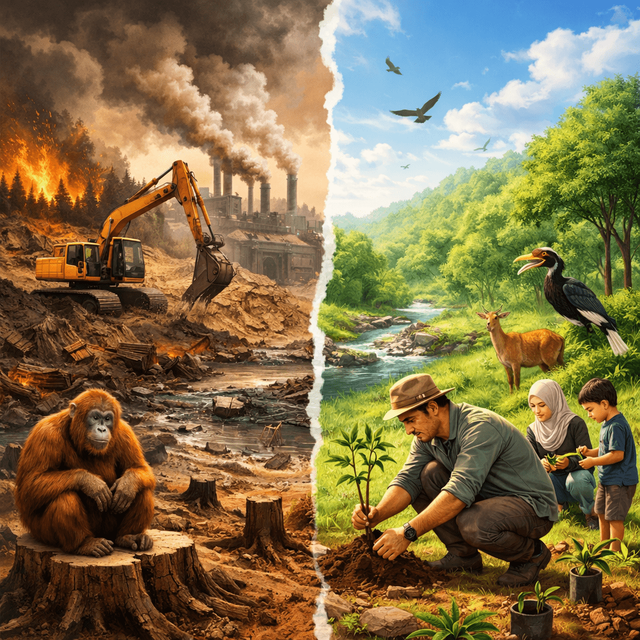 Ilustrasi ini menampilkan kontras tajam antara dua wajah alam: di satu sisi, hutan yang rusak akibat eksploitasi besar-besaran—dipenuhi alat berat, asap, dan satwa yang kehilangan habitat; di sisi lain, harapan baru melalui reboisasi—manusia menanam pohon, alam kembali hijau, dan kehidupan tumbuh harmonis. Sumber Foto: AI