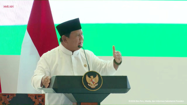 Presiden Prabowo Subianto memberikan sambutan saat menghadiri pengukuhan pengurus MUI 2025-2030 di Masjid Istiqlal, Jakarta Pusat, Sabtu (7/2/2026). Foto: YouTube/ Sekretariat Presiden
