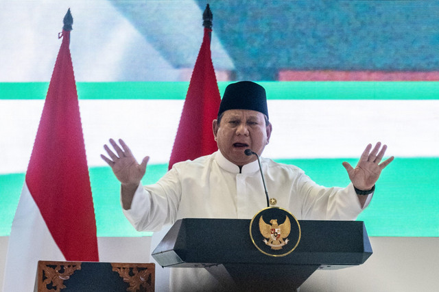 Presiden Prabowo Subianto menyampaikan taklimat saat menghadiri Pengukuhan dan Ta'aruf Pengurus Majelis Ulama Indonesia (MUI) masa bakti 2025-2030 di Masjid Istiqlal, Jakarta, Sabtu (7/2/2026). Foto: Bayu Pratama S/ANTARA FOTO