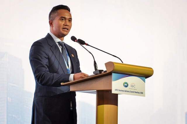 Ketua Umum Kamar Dagang dan Industri (Kadin) Indonesia, Anindya Novyan Bakrie, menyampaikan sambutan pada pembukaan Asia Pacific Economic Cooperation (APEC) Business Advisory Council (ABAC) Meeting I 2026 di Jakarta, Sabtu (7/2/2026). Foto: Putra M. Akbar/ANTARA FOTO 