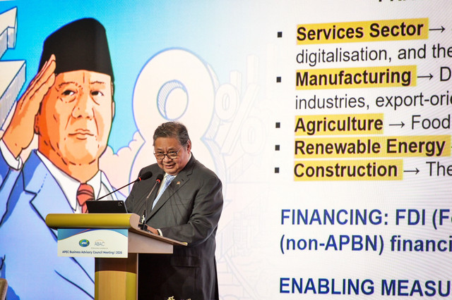 Menteri Koordinator Bidang Perekonomian, Airlangga Hartarto, menyampaikan paparan pada pembukaan Asia Pacific Economic Cooperation (APEC) Business Advisory Council (ABAC) Meeting I 2026 di Jakarta, Sabtu (7/2/2026). Foto: Putra M. Akbar/ANTARA FOTO 