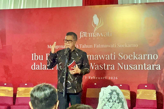 Sekjen PDIP, Hasto Kristyanto, saat sambutan dalam acara Fatmawati Trophy di Museum Fatmawati, Jakarta Selatan, Sabtu (7/2/2026). Foto: Rayyan/Kumparan