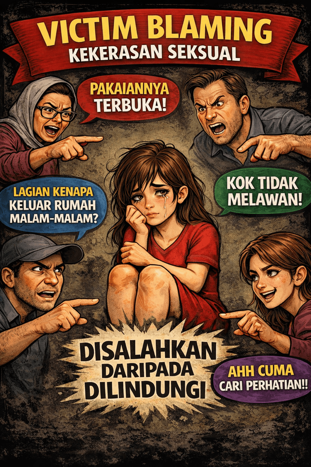 Sumber: Ilustrasi sekelompok masyarakat melakukan victim blaming. Gambar dihasilkan oleh AI melalui ChatGPT