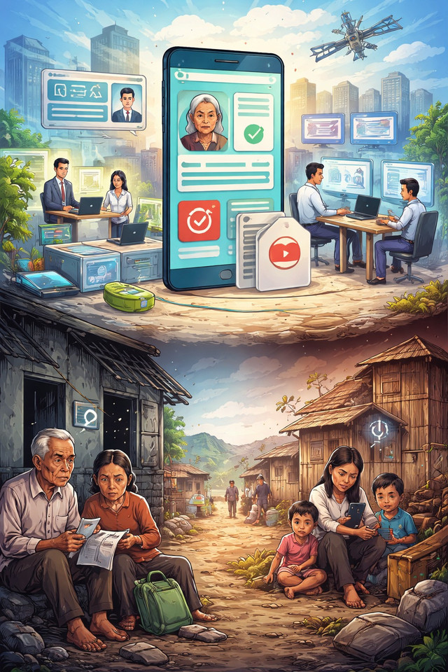 Ilustrasi memperlihatkan dua wajah digitalisasi bansos: di satu sisi teknologi, data, dan sistem modern menjanjikan efisiensi; di sisi lain keluarga rentan di desa terpencil masih berjuang dengan keterbatasan akses. Kontras ini menegaskan bahwa transformasi digital belum tentu otomatis menghadirkan keadilan sosial. Foto: Idisign