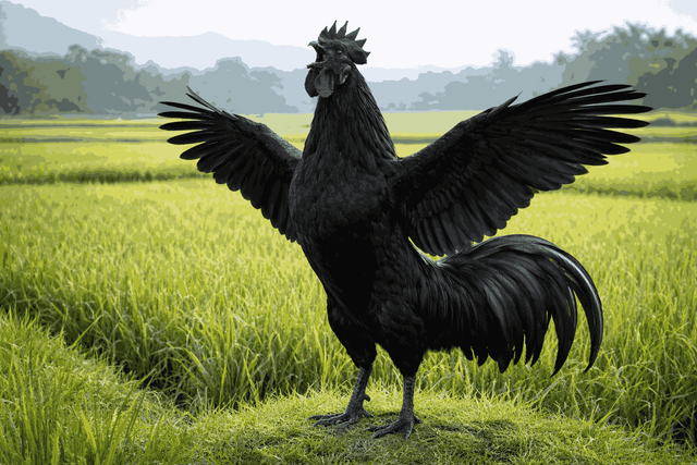 Ayam cemani di desa-desa Jawa, namanya bergaung sebagai hewan sakral. Di pasar global, ia dikenal sebagai ayam eksotik bernilai tinggi. Foto: ChatGPT