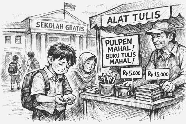 Pulpen dan buku tetap jadi barang mewah bagi anak miskin. Foto: Generated AI