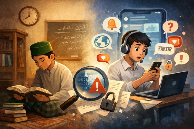 Ilustrasi literasi digital di sekolah dan pesantren (Diambil menggunakan AI)