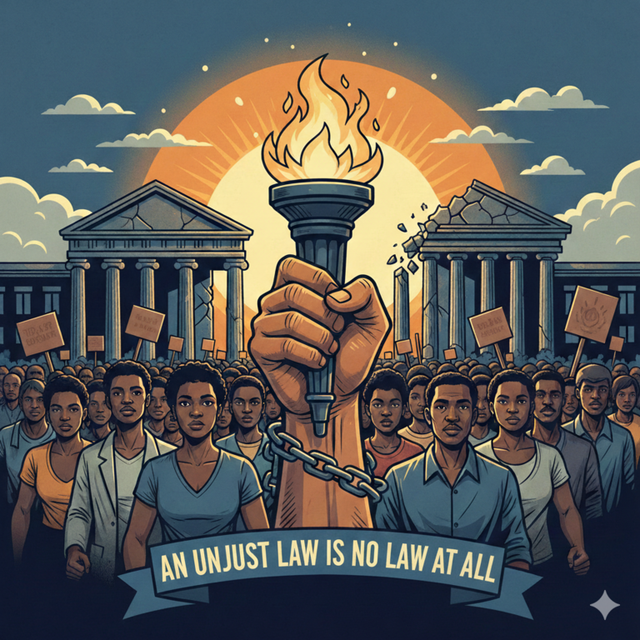 Ilustrasi hak sipil dan kalimat ikonik perjuangan sipil terhadap unjust law. Foto: Gemini AI