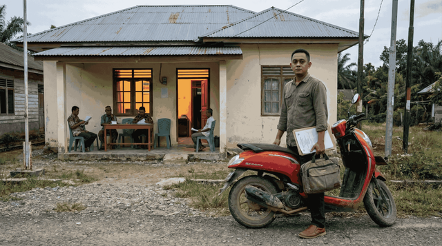 Ilustrasi Pendamping desa menuju kantor desa untuk mendampingi perangkat dalam pengelolaan administrasi dan program pembangunan.