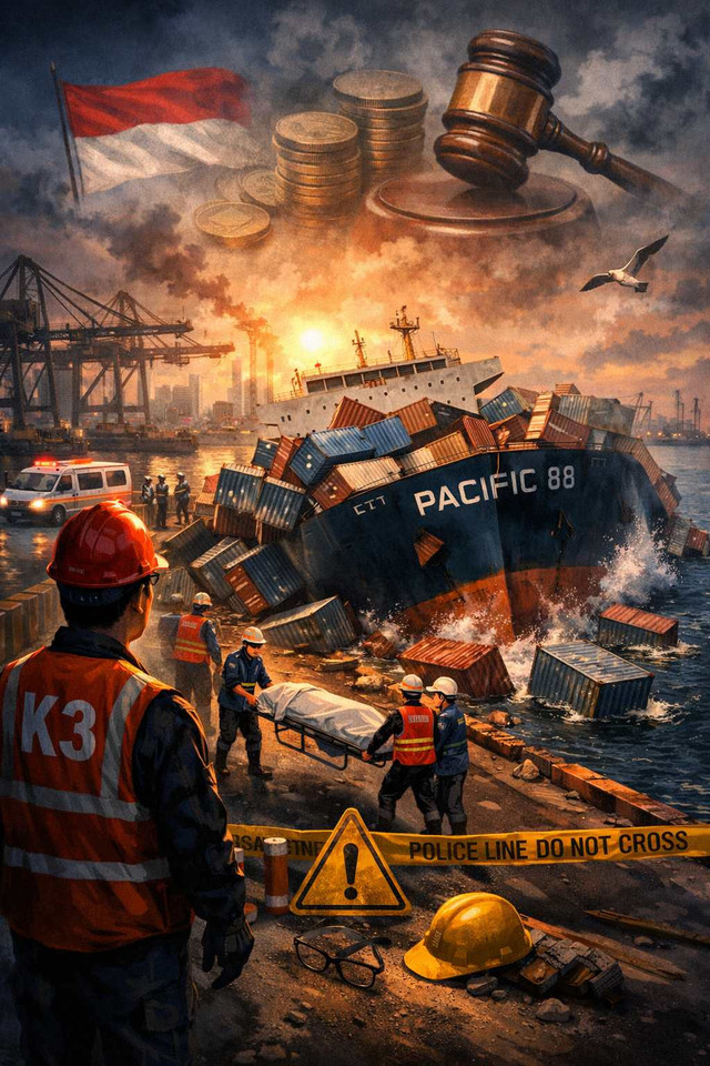 Ilustrasi: Tragedi jatuhnya kontainer di Tanjung Perak dari perspektif K3 dan merembet menjadi kerugian ekonomi, sosial, reputasi, dan ujian peran negara. Dibuat menggunakan Open AI