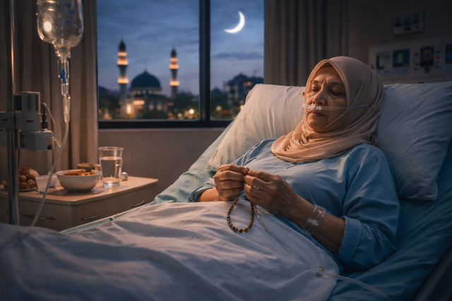 Ilustrasi pasien berdoa di ruang rawat selama Ramadan. AI
