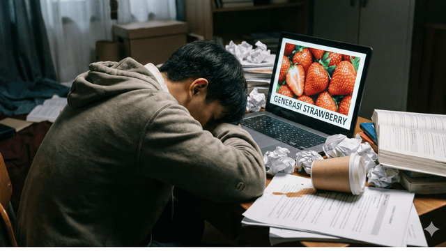 Seorang pelajar tampak kelelahan di tengah tumpukan tugas dan buku pelajaran, menggambarkan tekanan mental yang kerap dialami anak muda di era pendidikan modern. Foto: Generated by AI