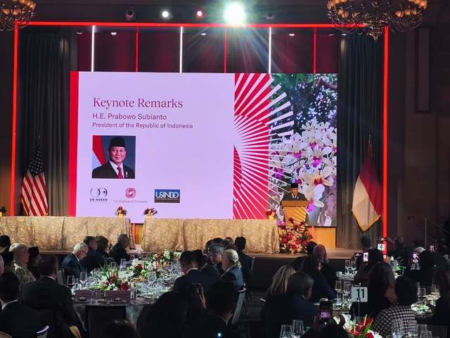 Presiden Republik Indonesia Prabowo Subianto dalam acara Business Summit di US Chamber of Commerce, Washington DC, Amerika Serikat, Rabu (18/2). Foto: Zamachsyari/kumparan