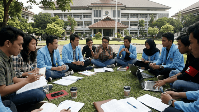 Ilustrasi diskusi mahasiswa di ruang kampus terbuka. Foto: Generated by AI