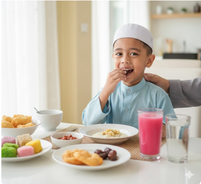 Kegembiraan seorang anak ketika berbuka puasa. (Sumber: Gemini Google)