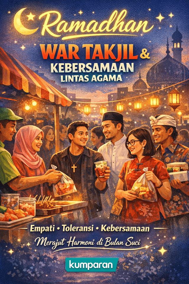Suasana Ramadhan hangat, war takjil lintas agama penuh empati dan kebersamaan. Gambar dihasilkan oleh AI Chatgpt