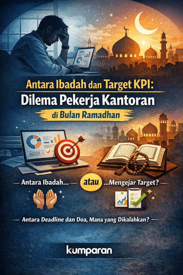 Dilema pekerja kantoran saat Ramadhan antara ibadah dan tuntutan target KPI kantor. Gambar dihasilkan oleh AI Chatgpt