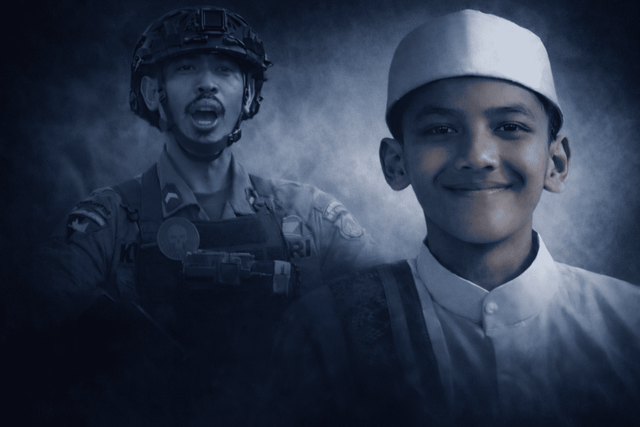 Ilustrasi dugaan kekerasan terhadap remaja 14 tahun, menggambarkan kontras antara anak dan aparat penegak hukum. Foto: Ismail Mony/Penulis