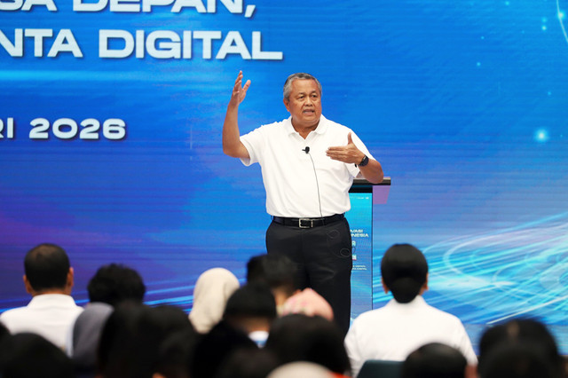 Gubernur Bank Indonesia, Perry Warjiyo memberikan kata sambutan dalam peresmian soft launching Pusat Inovasi Digital Indonesia (PIDI) di Kantor Bank Indonesia, Jakarta, Senin (23/2/2026). Foto: Iqbal Firdaus/kumparan