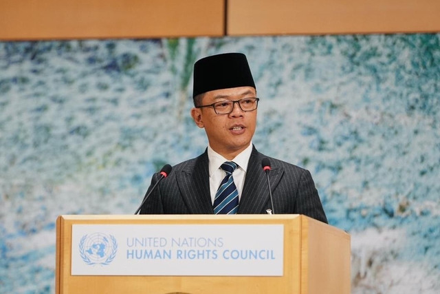 Menteri Luar Negeri Sugiono menyampaikan pernyataan nasional pada High-Level Segment Sidang Dewan HAM PBB Sesi ke-61 di Jenewa, Swiss (23/2/2026). Foto: Kemlu RI