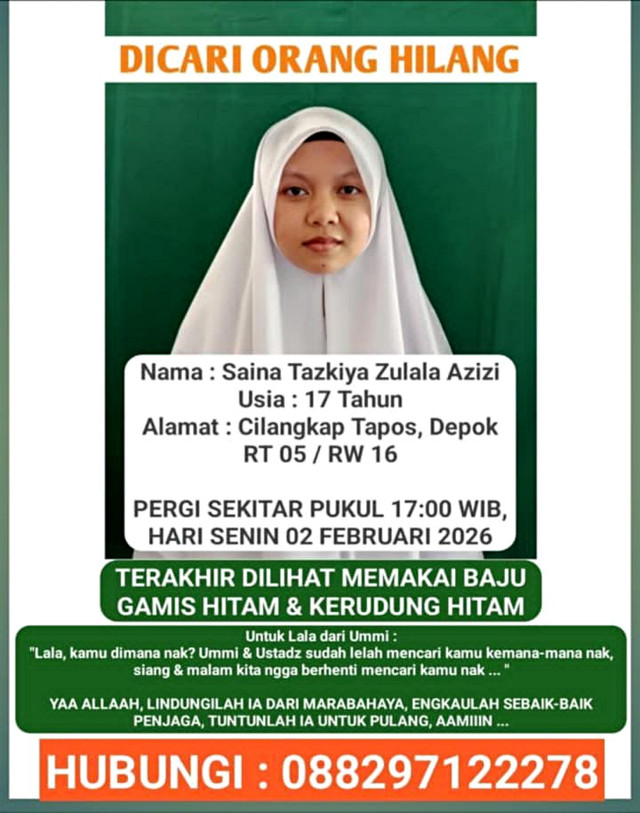 Saina Tazkiya Zulala Azizi (17),  seorang santriwati Pondok Pesantren Al Muhajirin, Cilangkap, Tapos, Kota Depok, dilaporkan menghilang sejak 2 februari 2026 dengan meninggalkan sepucuk surat sebelum pergi. Foto: Dok. Istimewa