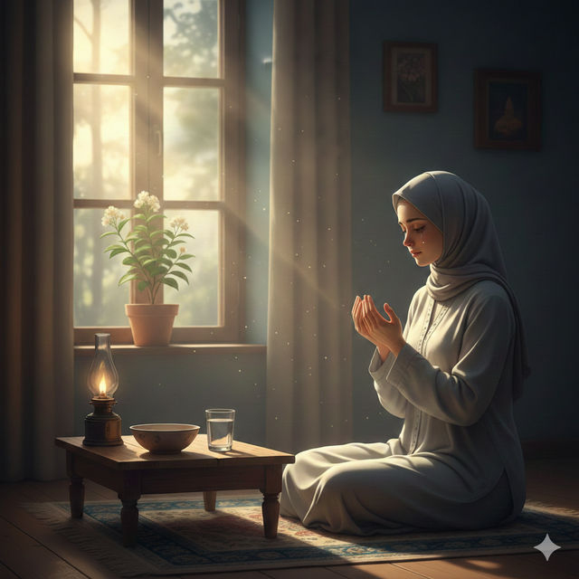 Ilustrasi Khidmat berdoa di ujung senja, menanti berbuka puasa dengan hati penuh harap dan tawakal. Foto: Gemini AI