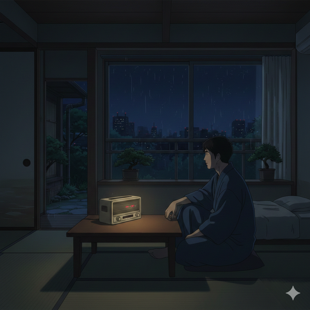 Seorang pria duduk sendiri di kamar apartemen minimalis khas Jepang pada malam hari, cahaya lampu temaram menerangi meja kecil dengan radio tua yang memutar lagu tahun 1990-an. (Foto:farel destano)