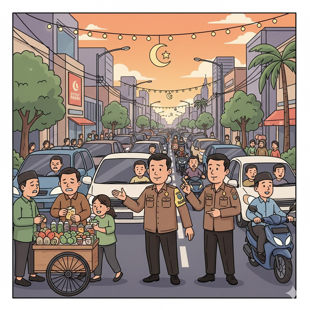 Ilustrasi ketertiban lalu lintas di musim takjil. Foto: Generated by AI