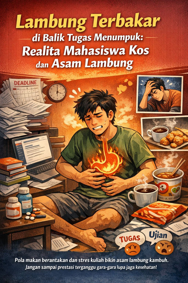 "Tugas boleh menumpuk, tapi kesehatan jangan diabaikan. Jaga pola makan, kelola stres, agar mimpi tidak terhambat asam lambung.".source:ChatGpt.