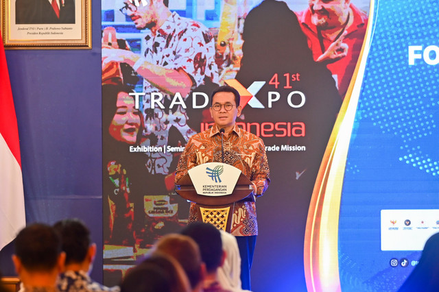 Menteri Perdagangan Budi Santoso menyampaikan paparan saat peluncuran Trade Expo Indonesia ke-41 tahun 2026 di Jakarta, Kamis (26/2/2026). Foto: Rivan Awal Lingga/ANTARA FOTO