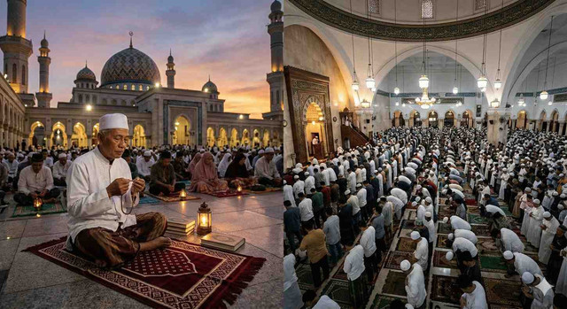 Ilustrasi Khusyuk berdoa dan rapatnya saf, harmoni ibadah pribadi dan kebersamaan umat. Foto: Gemini AI