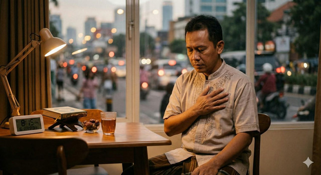 Ilustrasi Seorang pria menahan diri menjelang waktu berbuka puasa, dengan tangan di dada dan tatapan khusyuk, menggambarkan perjuangan batin dan kesabaran di tengah hiruk-pikuk kota. Foto: Gemini AI