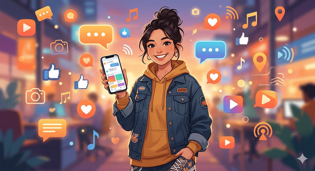 Visual anak muda tersenyum percaya diri sambil memegang smartphone dengan latar ikon media sosial, merepresentasikan jomblo modern yang bahagia di era digital. (Foto: Farel destano)