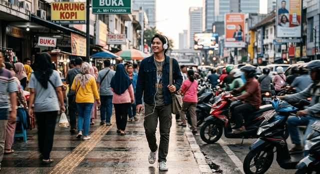 Seorang pemuda berjalan santai di tengah keramaian kota sambil mendengarkan lagu melalui earphone, menggambarkan kebebasan dan kepercayaan diri (Foto:Farel destano)