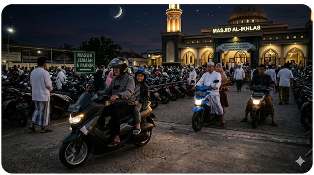 Ilustrasi di lapangan parkir suatu masjid menjelang shalat tarawih. (Sumber: Gemini Google)