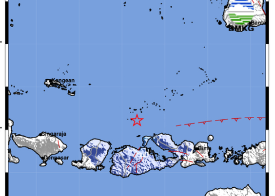 Titik gempa 4,7 magnitudo yang guncang Sumbawa, NTB, Sabtu (28/2). Dok. BMKG