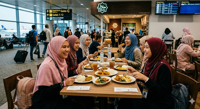 foto : muslimah sedang di bandara  dan makan makanan halal (dokumen probadi : jokosegara)