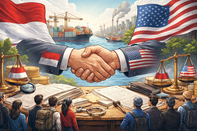 Indonesia memikul daftar kewajiban panjang, sementara Amerika Serikat nyaris tanpa beban setara. (Gambar: ChatGPT Image)