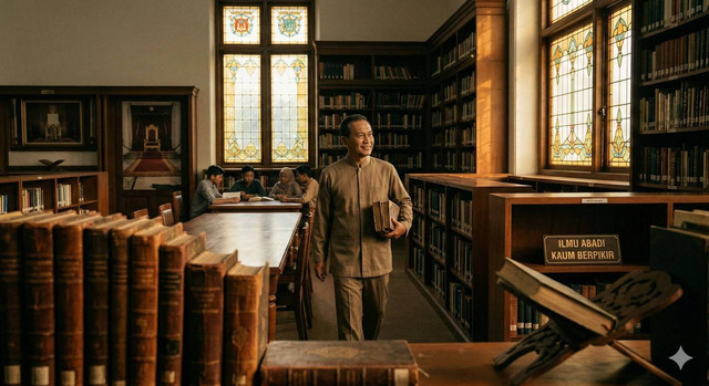 Ilustrasi seorang pria berjalan di perpustakaan dengan buku di tangan, menggambarkan bahwa ilmu pengetahuan adalah warisan abadi yang menerangi generasi demi generasi. Foto: Gemini AI