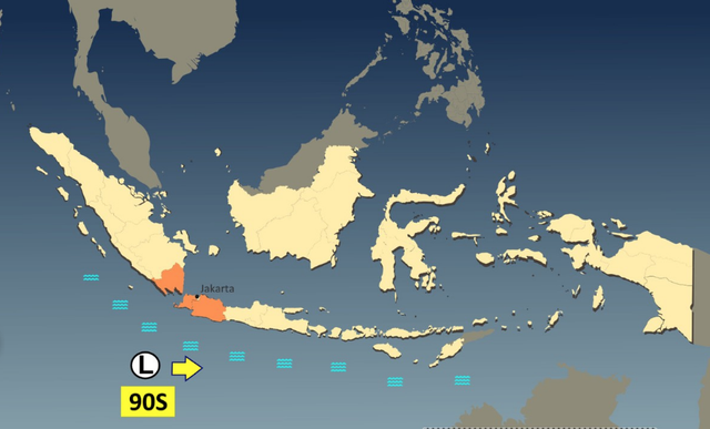 Daerah  yang kena imbas dari bibit siklon tropis 90S (warna oranye) yang mulai terbentuk  28/2/2026. Foto: Dok. BMKG