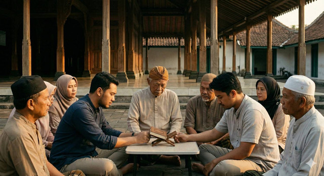 Ilustrasi Sekelompok keluarga duduk bersama membaca Al-Qur’an di halaman rumah tradisional, menggambarkan kebersamaan, musyawarah, dan hangatnya nilai keagamaan lintas generasi. Foto: Gemini AI