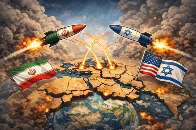 Ilustrasi perang antara Iran dengan Israel dan Amerika Serikat. Sumber: Doc. AI