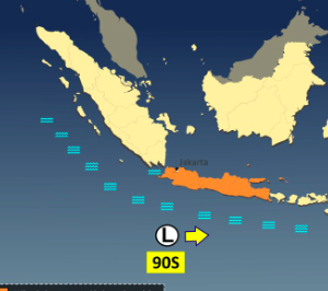 Bibit siklon tropis 90S berdampak pada Jawa-Bali (warna oranye), 4 Maret 2026. Foto: Dok. BMKG