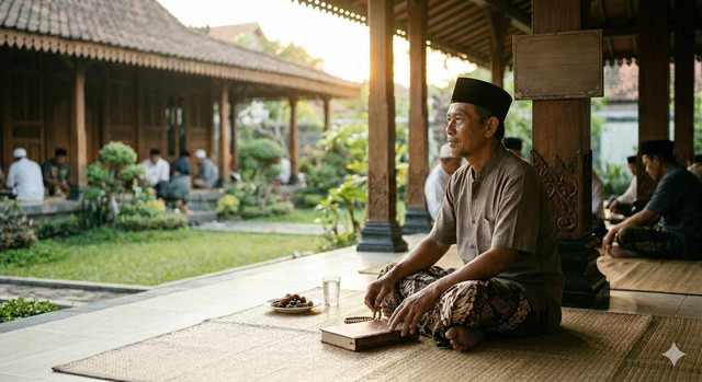 Ilustrasi seorang pria duduk tenang di serambi rumah tradisional menjelang berbuka, dengan Al-Qur’an dan tasbih di sampingnya, menggambarkan suasana khusyuk dan refleksi di bulan Ramadan. Foto: Gemini AI