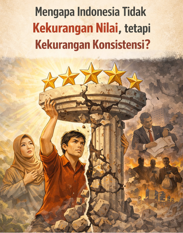 Indonesia Tidak Kekurangan Nilai tetapi Kekurangan Konsistensi. Ilustrasi: AI Generated/Dok. Pribadi.