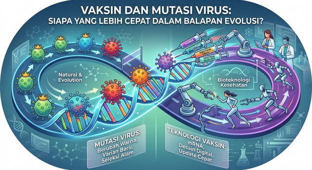 Ilustrasi vaksin dan mutasi virus. Foto: Generated by AI