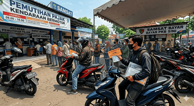 Ilustrasi antusiasme warga memanfaatkan pemutihan Pajak Kendaraan Bermotor. Foto: Generated by AI