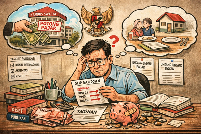 Ilustrasi dosen stres akibat potongan pajak. Foto: Generated by AI