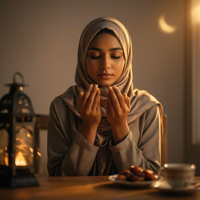 Seorang muslimah sedang berdoa berbuka puasa ramadhan, foto dokumentasi pribadi jokosegara